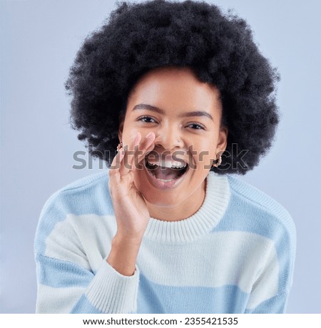 Portrait, announcement and black woman shouting secret in studio isolated on a blue background. Face, smile and person sharing gossip, news or speaking of information for communication of promotion