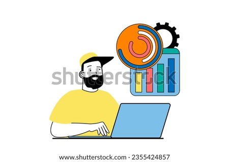 Digital business concept with people scene in flat web design. Man analyzing financial graphs and sales chart of e-commerce company. Vector illustration for social media banner, marketing material.