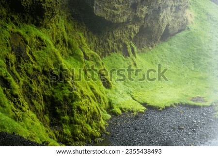 Vibrant green moss thrives along rocky ledges next to a powerful waterfall in southern Iceland. Royalty-Free Stock Photo #2355438493