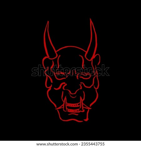Japanese horned Oni demon mask. Vector, hand drawing, ink, sketch, red on black. Myths, monsters, horror, t-shirt print, Halloween. Eps10