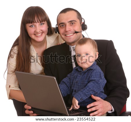 Happy family with laptop and headset. Isolated.