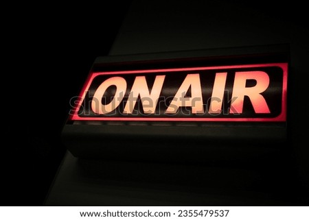 Close up of on air radio studio, live broadcast radio production concept Royalty-Free Stock Photo #2355479537