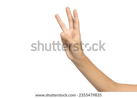 Female hand showing three fingers, isolated on white background