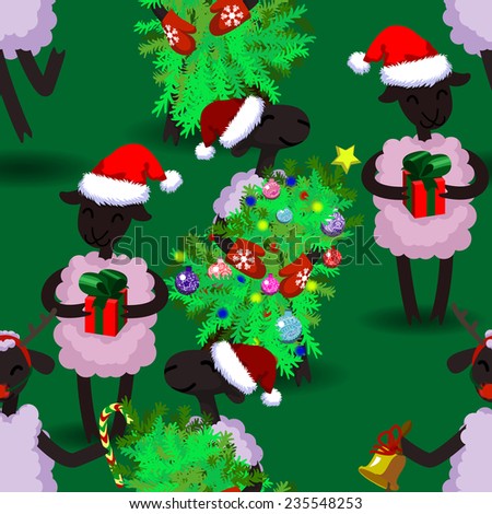 Cute lamb - symbol of the 2015 year with present. Chinese zodiac and calendar animal. Funny Christmas and New Year seamless pattern.