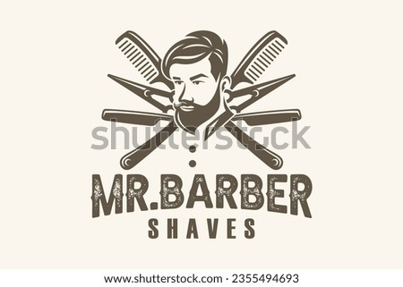 Vintage Barbershop logo template, retro style, with bearded man and barber tools