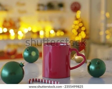 Realistic 11 oz Heart Shaped Handle Mug Mock Up with Bright Lights Unfocused in a Christmas Scene as 3D Rendering. Red Cup.