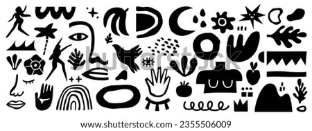 Abstract shapes, funny comic cute characters and doodles. Trendy modern illustration for poster, postcard or background Royalty-Free Stock Photo #2355506009