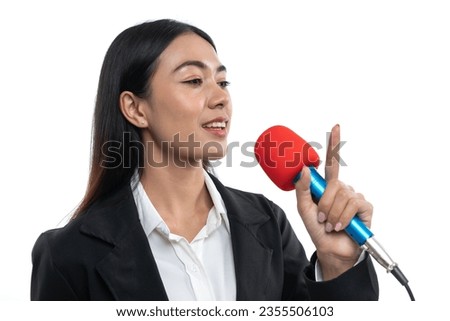 Beautiful Asian woman reporter with microphone isolated on white background