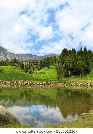 Beautiful greenery view with fresh water lake and trees under cloudy sky