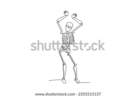 A skeleton poses raising its hands. Human skeleton one-line drawing