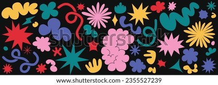 Flower and cloud shapes geometric abstract sticker pack  in trendy retro 90s 00s cartoon style.. waves, loop, star,  bubble, funky flower, Groovy.  with wavy and spiral elements Vector illustration.