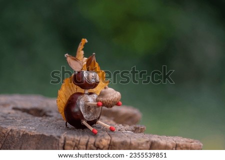 Funny chestnut squirell animal with cute face on natural background stump, traditional fall autumnal handcraft with children