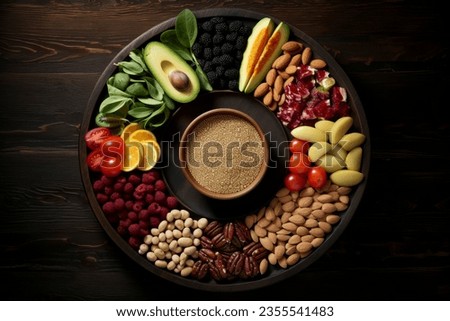 A diverse composition of nutritious food items elegantly presented in a balanced arrangement. Royalty-Free Stock Photo #2355541483