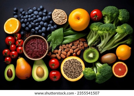 A diverse composition of nutritious food items elegantly presented in a balanced arrangement. Royalty-Free Stock Photo #2355541507