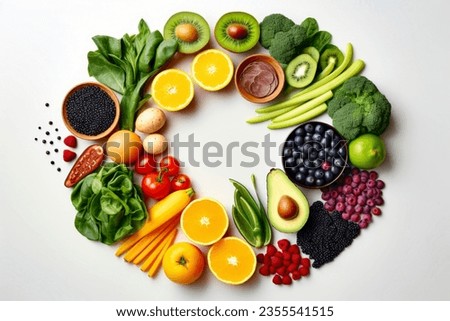 A diverse composition of nutritious food items elegantly presented in a balanced arrangement. Royalty-Free Stock Photo #2355541515