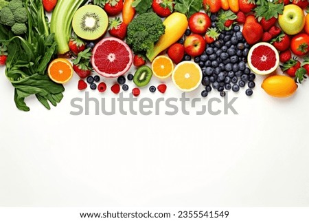 An overhead shot capturing a diverse selection of healthy foods, leaving room for text. Royalty-Free Stock Photo #2355541549