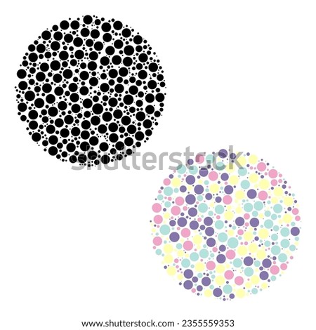 Vintage black and pastel color versions of random size circle dots mosaic on white background. Circular round shape logo symbol formed by chaotic grunge dotted circles or bubbles. Vector illustration.