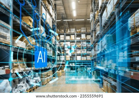 Warehouse management with automated robotics,Warehousing and Technology Connections.,using automation in product management,AI systems for work Royalty-Free Stock Photo #2355559691