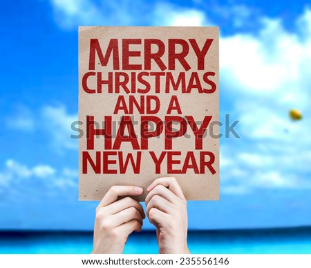 Merry Christmas And a Happy New Year card with a beach background