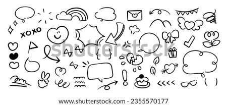 Set of cute pen line doodle element vector. Hand drawn doodle style collection of speech bubble, arrow, firework, heart, wind, fart. Design for decoration, sticker, idol poster, social media.
