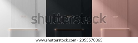 Set of Realistic 3D product podium background in black, silver, pink gold and golden color. Luxury mockup display presentation. Minimal wall scene. Stage showcase. Platforms vector geometric design.