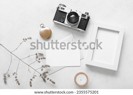 Camera with blank card, photo frame and dried flower twig on white grunge background
