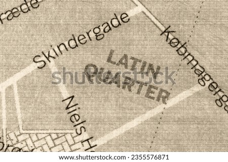 Latin Quarter, Copenhagen, Denmark city centre map of district atlas name of landmark in in sepia
