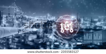 Digital and business transformation, fastest growing. Using automation to increase productivity. Robot and human hands touching on data augmented mixed virtual reality integrate ai for management. Royalty-Free Stock Photo #2355583127