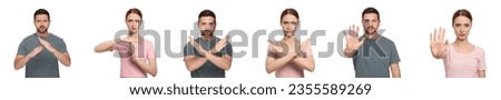 Collage with photos of people showing stop and time out gestures on white background