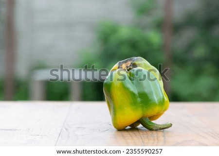 Rotten green bell pepper on the wooden table - stock photo