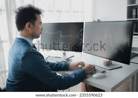 Stock investor, business man is trading stocks for profit, stock market oscillating graph screen, investment management, analyzing profit trading in stocks. Concept of investing in stocks.