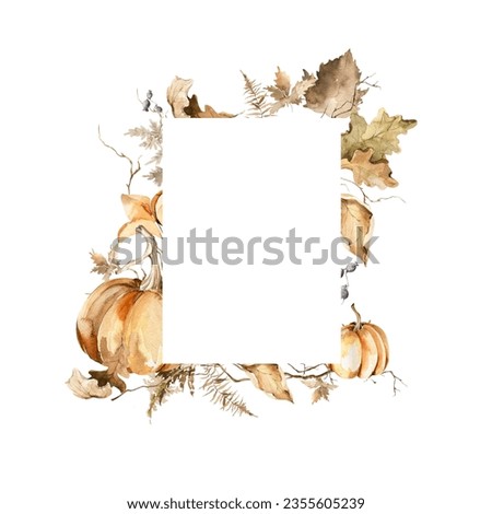 Watercolor floral frame. Hand painted autumn wreath, border of forest leaves, fern, fall leaf, mushrooms, isolated on white background. illustration for card design, harvest print