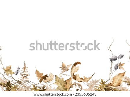 Watercolor floral seamless border. Hand painted autumn forest leaves, fern, fall dried leaf, isolated on white background. illustration for card design, harvest print