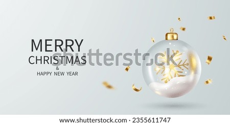christmas background christmas ornaments Glass ball with snow inside Golden glitter confetti. Realistic 3D design. vector illustration