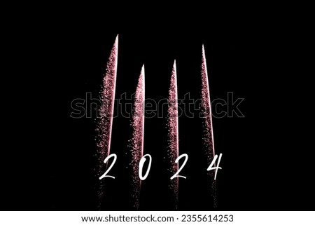 Happy new year 2024 red fireworks rockets new years eve. Luxury firework event sky show turn of the year celebration. Holidays season party time. Premium entertainment nightlife background