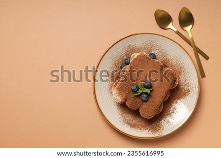 Concept of sweet food, Tiramisu cake, space for text Royalty-Free Stock Photo #2355616995