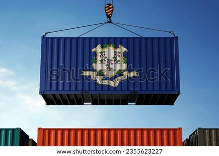 Freight containers with Connecticut flag, clouds background