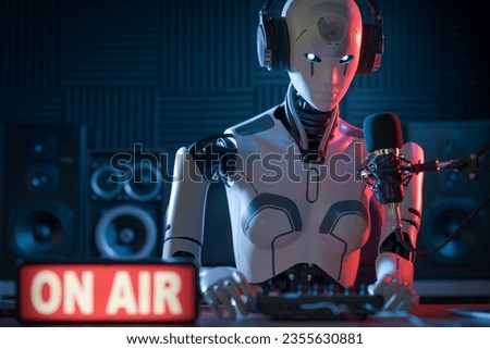 Humanoid AI robot working at the radio station studio, artificial intelligence and entertainment concept Royalty-Free Stock Photo #2355630881