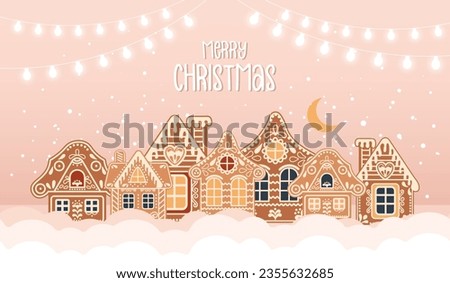 Winter landscape with cute gingerbread houses in the snow, Merry Christmas greeting card template with inscription. Illustration in flat style. Vector Royalty-Free Stock Photo #2355632685