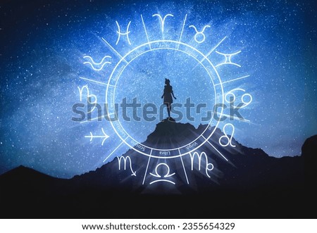Zodiac wheel and photo of woman in mountains under starry sky at night