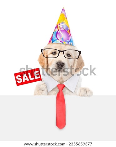 Golden retriever puppy wearing eyeglasses, necktie and party cap looks above empty white banner and shows signboard with labeled "sale". isolated on white background