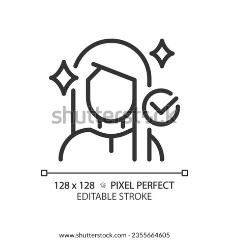 2D pixel perfect customizable woman with shiny hairstyle black icon, isolated vector, haircare thin line simple illustration.