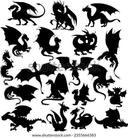 Set of dragon silhouettes isolated on white background
