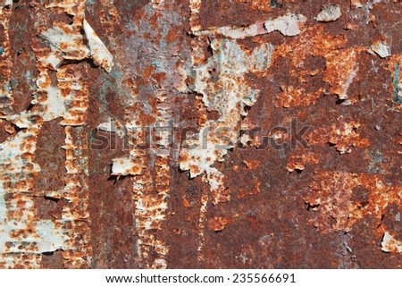 Rusty metal grunge background. Rusted steel tin abstract pattern with torn paper posters.