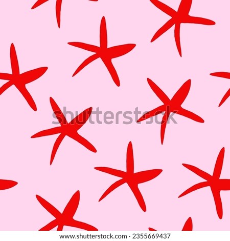 Vector seamless pattern with red starfish, sea stars on pink background. Simple ocean pattern with sea stars. Sea star, shell, starfish