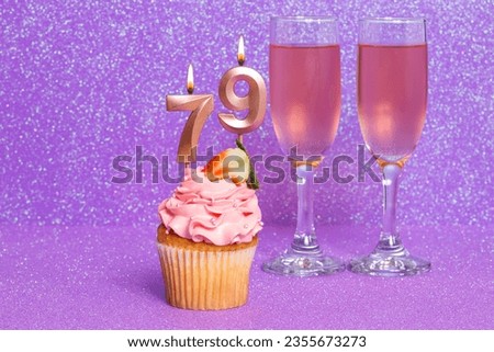 Cupcake With Number And Glasses With Wine For Birthday Or Anniversary Celebration; Number Seventy Nine.
