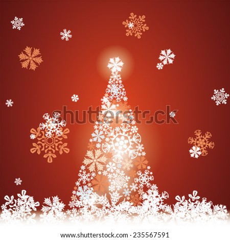 Christmas tree and Happy New Year on red background, falling snowflakes, abstract beautiful card as design element
