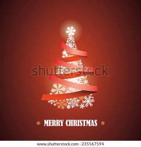 Merry Christmas message and ribbons around tree, Happy New Year, abstract beautiful card as design element