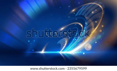 Blue luxury background with golden line decoration and curve light effect with bokeh elements. Modern art elegant dark scene. Royalty-Free Stock Photo #2355679599