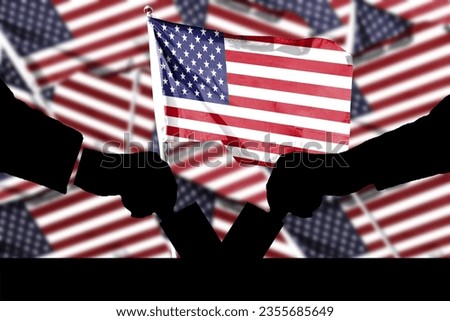 American flag and election vote silhouette composition. Describe the 2024 US election situation and results. Basemap and background concept. Double exposure hologram. Royalty-Free Stock Photo #2355685649